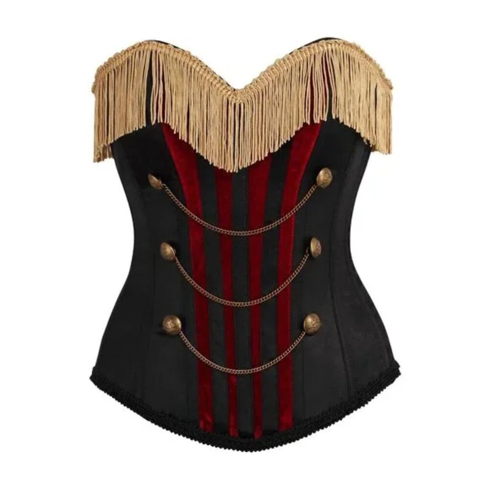Burlesque Black/Dark Red Steel Boned Corset w/Gold Fringe